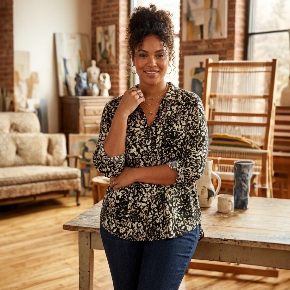 Rock‎ & Republic Leopard Print Blouse - XXL - Roll Tab Sleeve